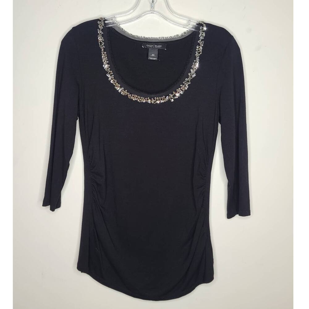 White House Black Market WHBM bead fringe neck 3/4 sleeve side ruched shirt - XS